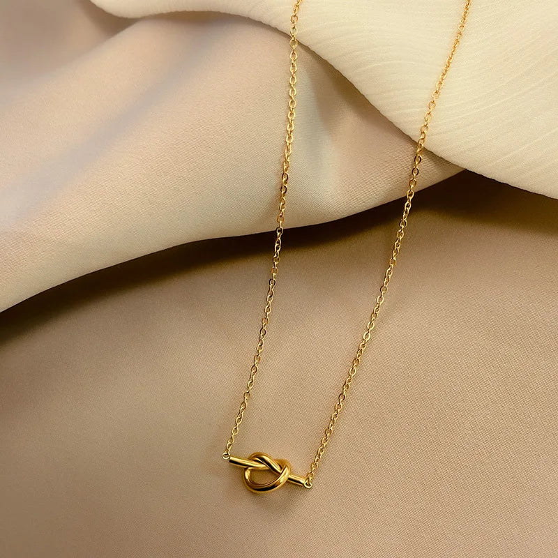 Trendy Stainless Steel Gold Color Knot Pendant Necklace for Women