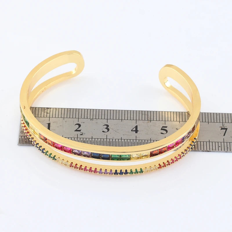 Gold-Plated Double Layer Cuff Bangle with Rainbow Accents