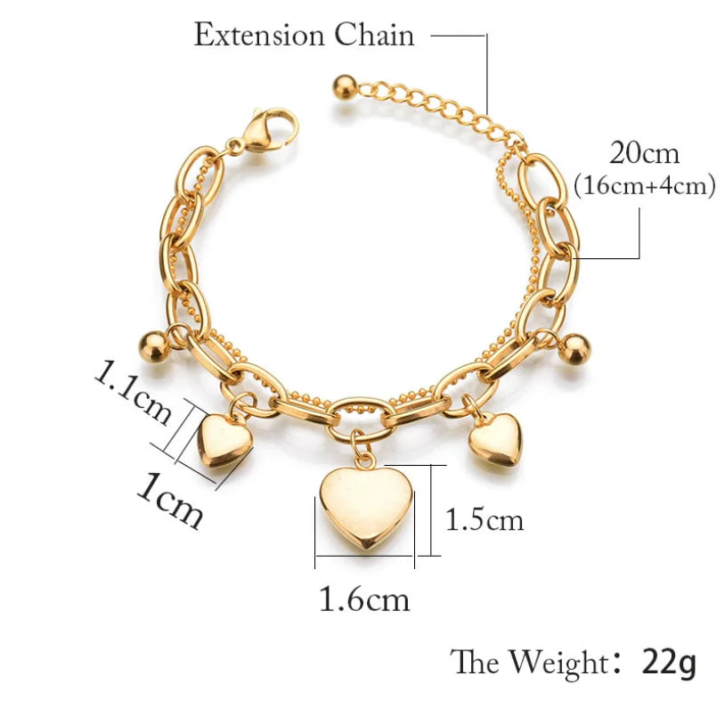 Stainless Steel Jewelry 2 Layer Love Heart Thick Chain Bracelets For Women