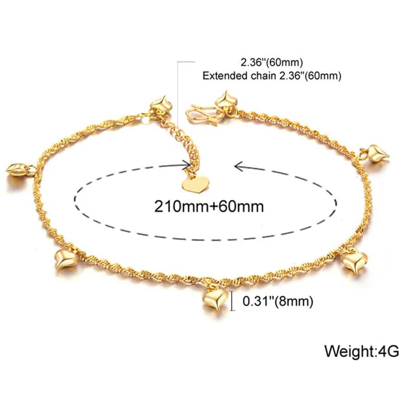 18K Gold Plated Twist Link Anklet with Heart Charms