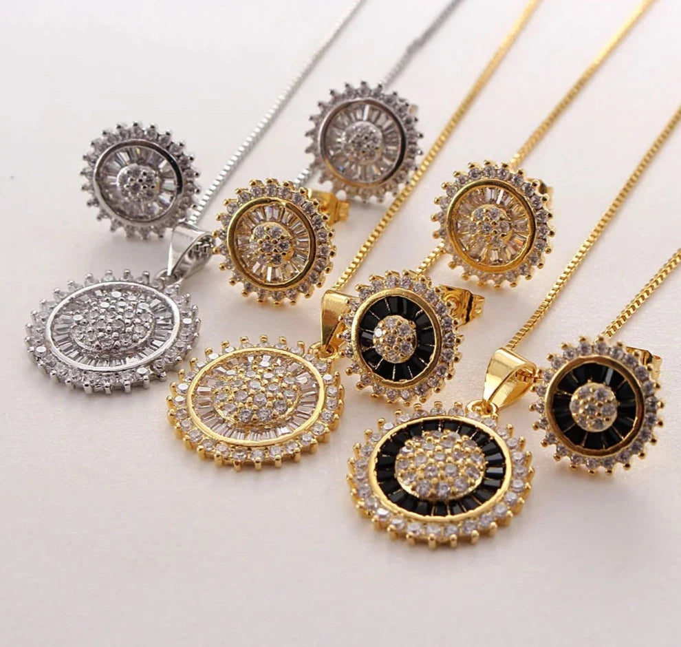 Round Zircon Pendant Necklace Earrings Set