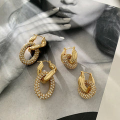 3 Pair Gold Color Metal Twisted Small Huggies with Rhinestone Crystal Earrings