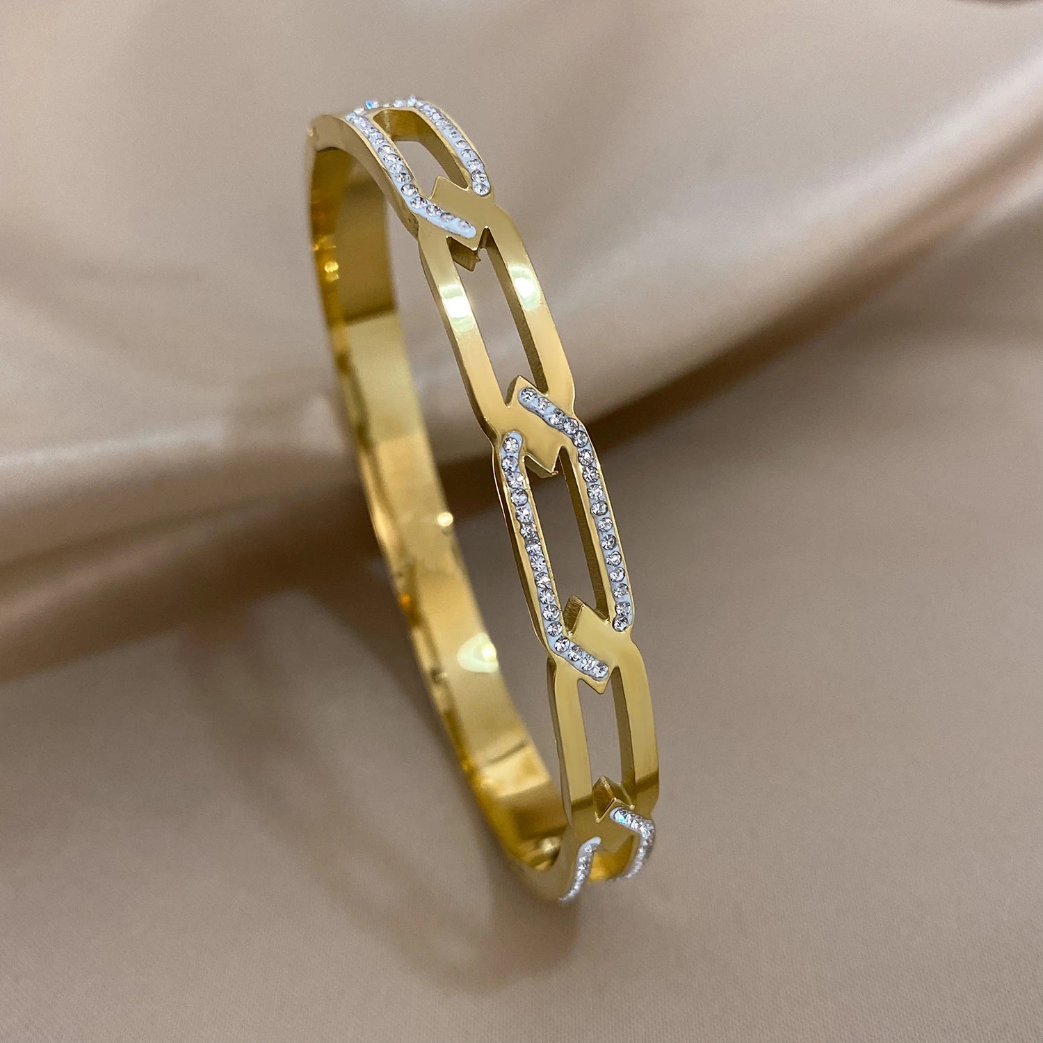 Elegant Gold-Plated Charm Bangle Bracelet with Geometric Zircon Accents