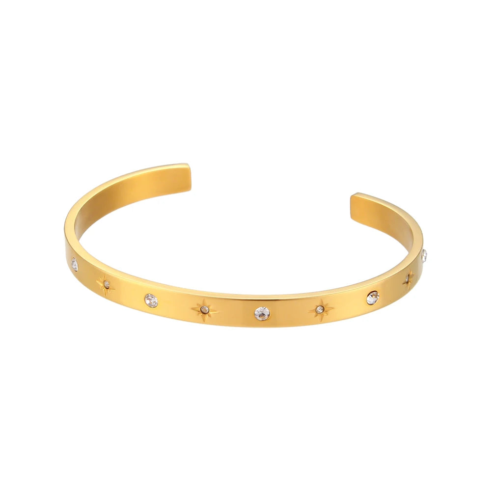 E.B.belle 18K Gold Plated Crystal Zircon Star Moon Cuff Bangles