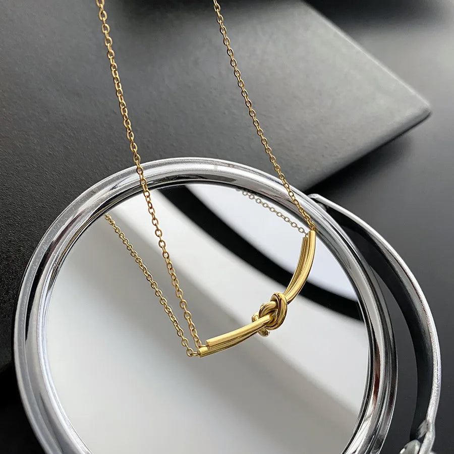 Elegant Stainless Steel Gold-Colored Knotted Pendant Necklace for Women