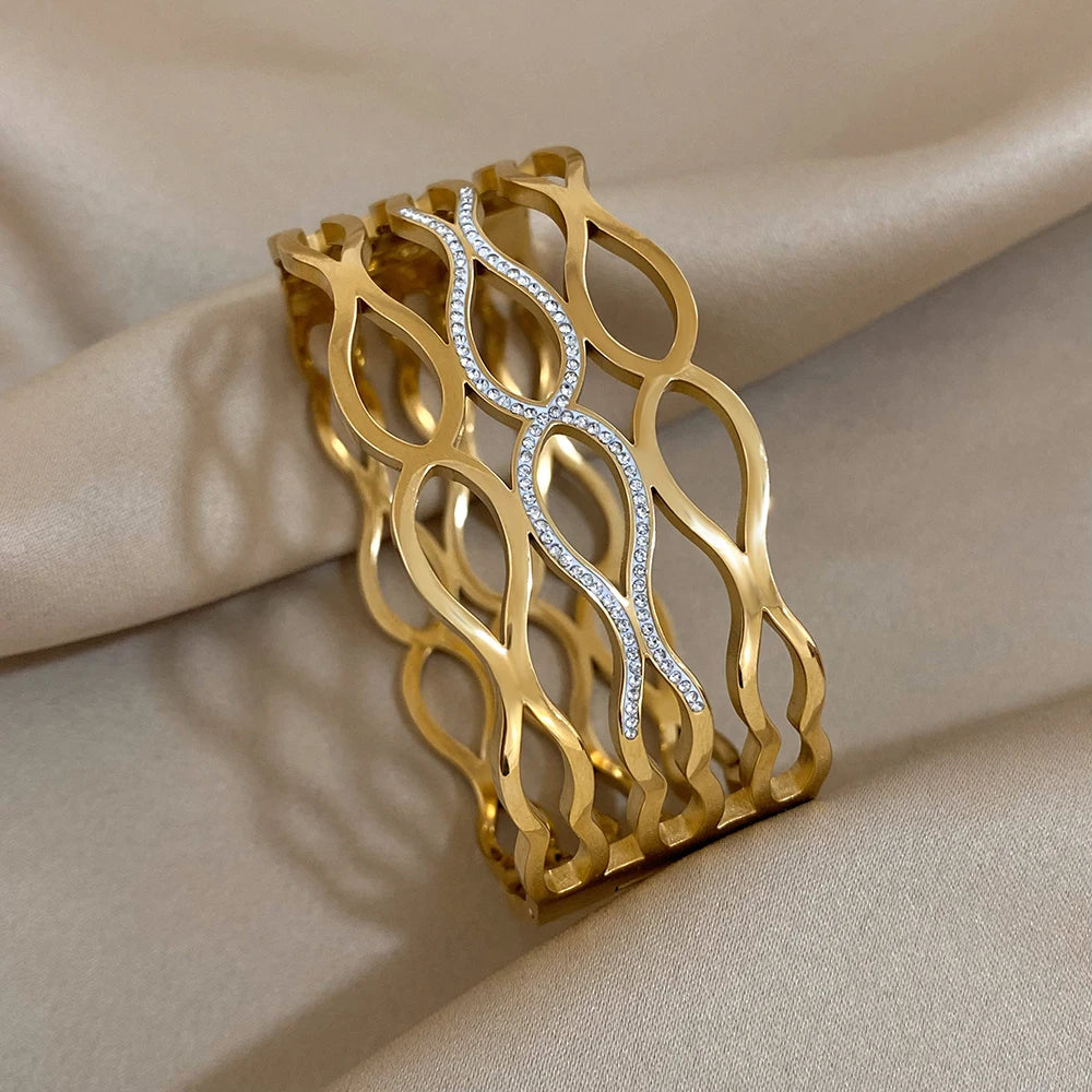 AENSOA Hollow 18K Gold Plated Geometric Wide Cuff Bangle Bracelet