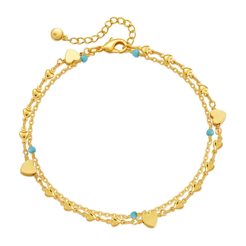 Copper Plated 18K Gold Heart Double Chain Anklet