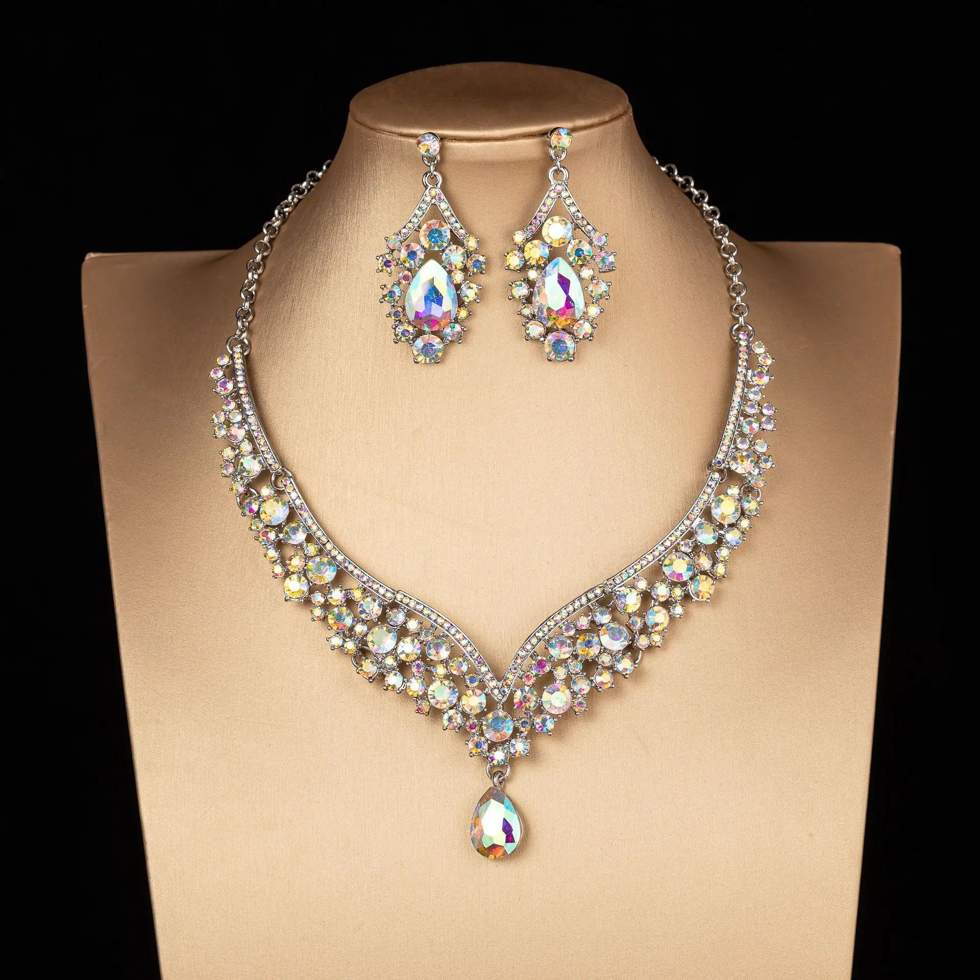 Exquisite Crystal AB Color Choker Necklace Earrings Set - Bridal Jewelry Sets