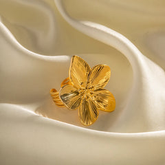 Waterproof 18K Gold Color Stainless Steel Flower Open Ring for Women