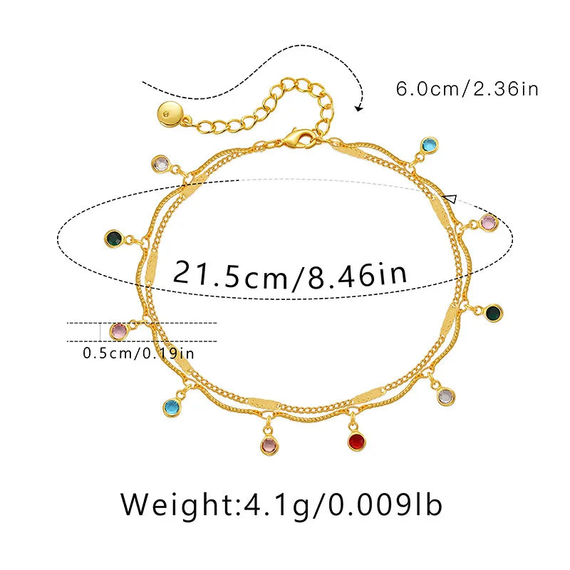 Round Colored Crystal Pendant 18K Gold Plated Double Chain Anklets