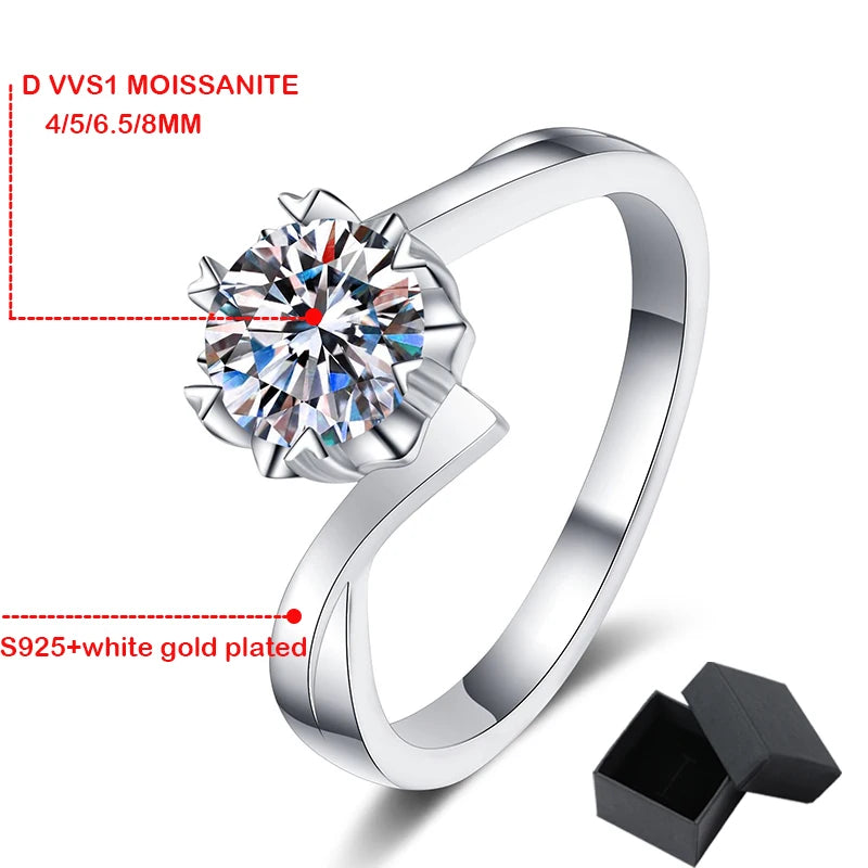 0.3-2 Carat Real Moissanite Ring for Women White Gold Plated S925 Solid Silver Luxury Simulated Diamond Wedding Band