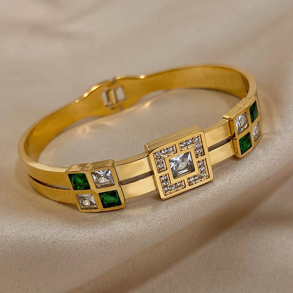 Elegant Emerald Green and White Crystal Cuff Bracelet