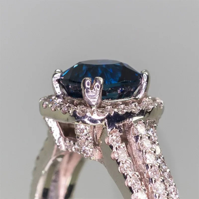 Sterling Silver Ring with Blue Zircon Inlay - Wedding Jewelry for Women