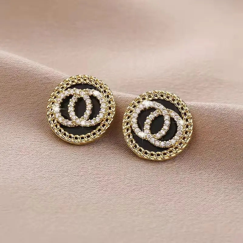 Chic Double Round Circles Stud Earrings with Crystal Accents