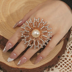 Ethnic Style Floral Ring with Pearl and Zircon Embellishments