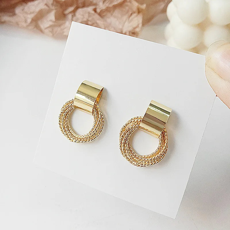 Retro Metal Gold Color Circle Stud Earrings