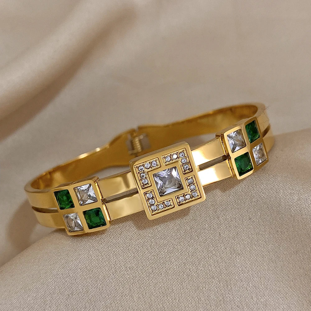 Elegant Emerald Green and White Crystal Cuff Bracelet