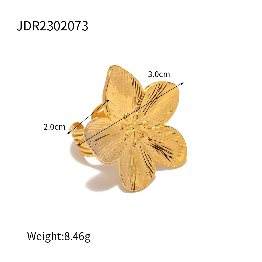 Waterproof 18K Gold Color Stainless Steel Flower Open Ring for Women