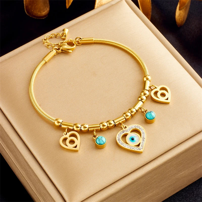 Stylish Stainless Steel Heart Eye Charm Snake Chain Bracelet for Women