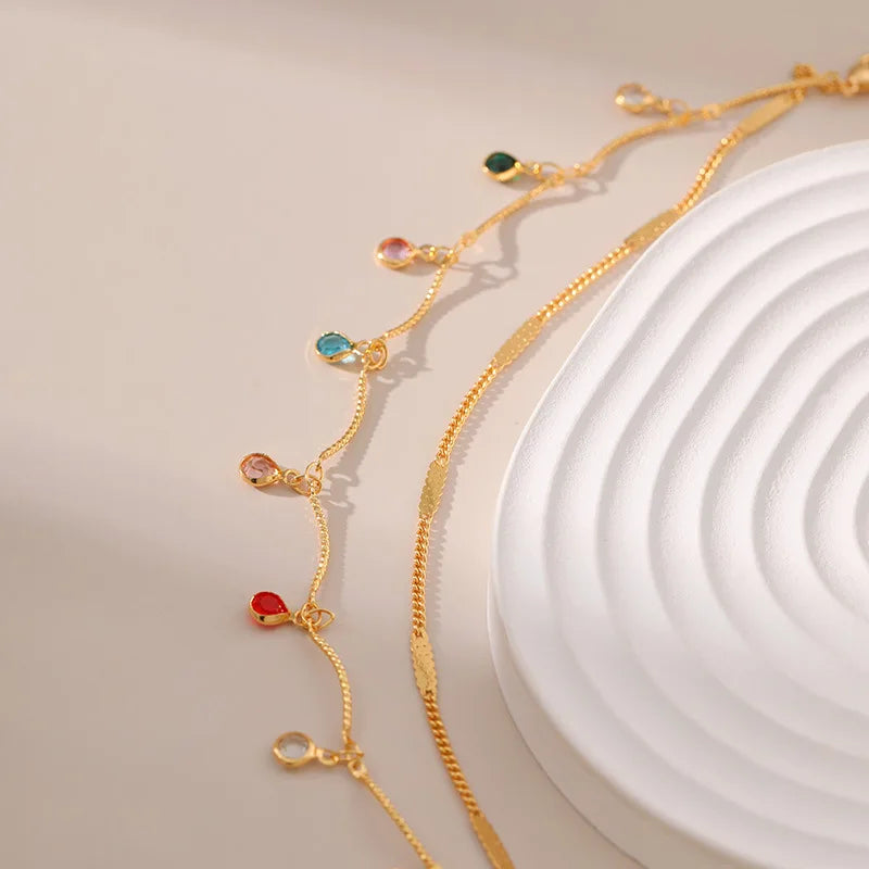 Round Colored Crystal Pendant 18K Gold Plated Double Chain Anklets