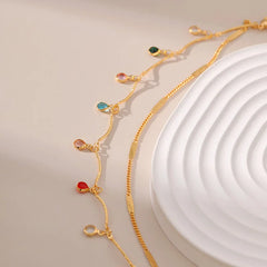 Round Colored Crystal Pendant 18K Gold Plated Double Chain Anklets