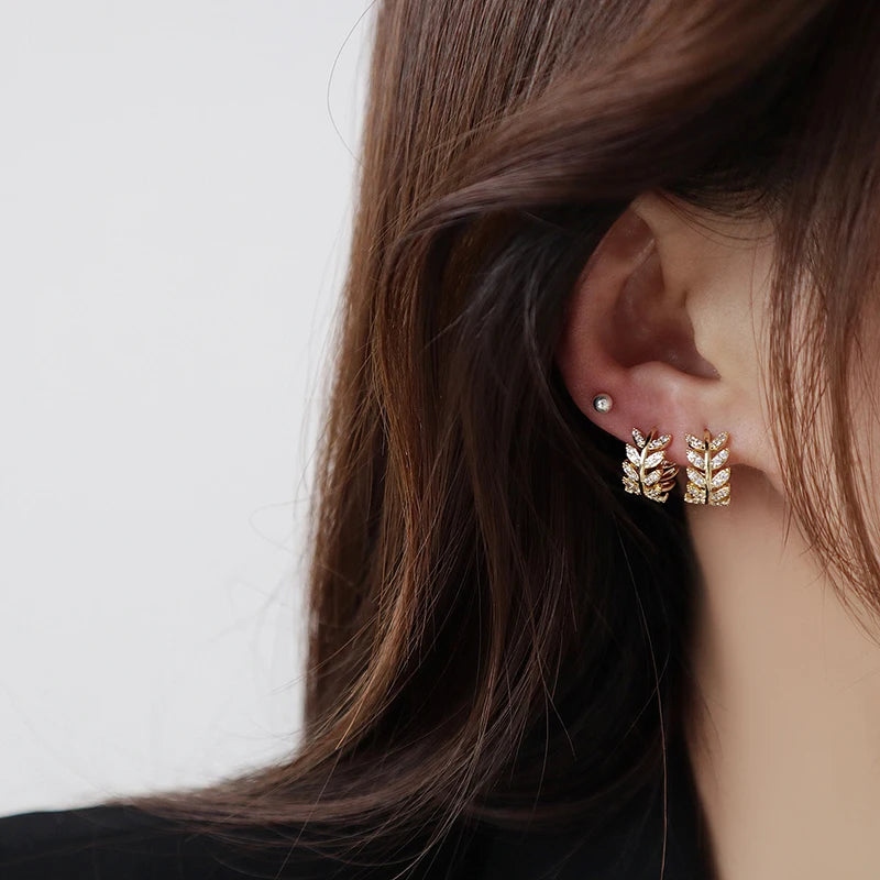 14K Gold-Plated Hoop Earrings with Zircon - Delicate Plant Pattern