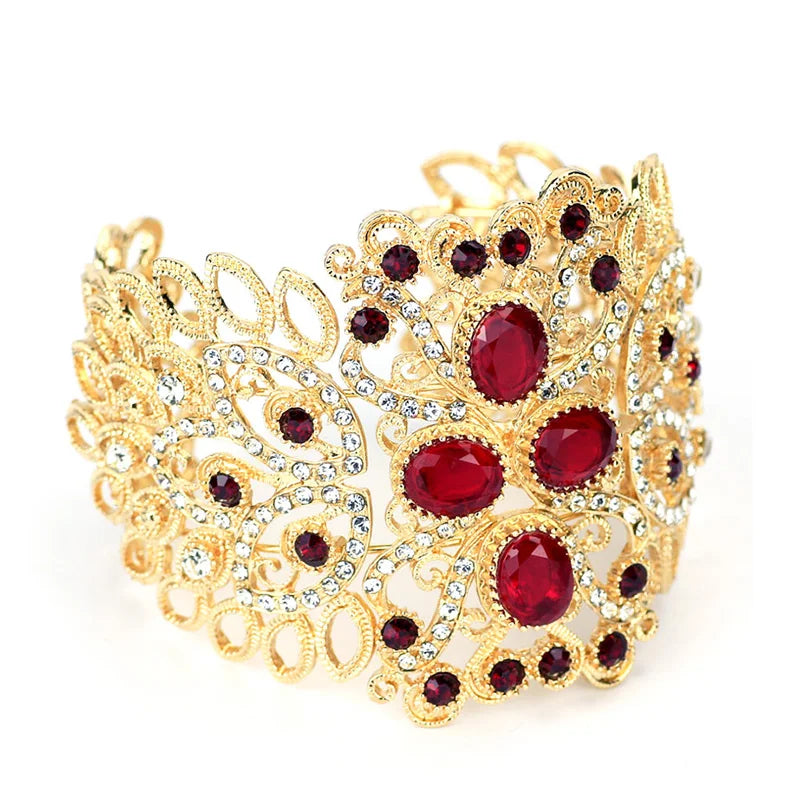 Moroccan Rhinestone Cuff Bracelet: Gold Color Wide Arabic Bangle