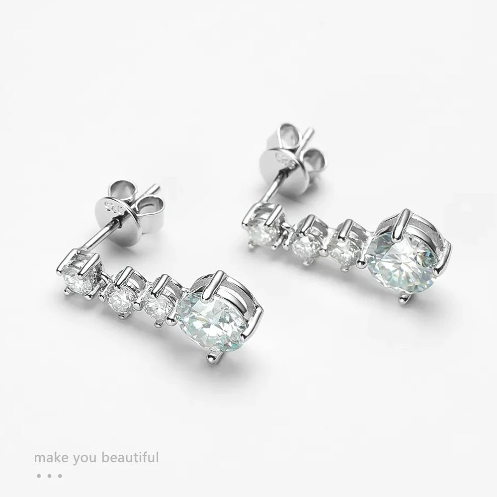 D VVS1 Moissanite Drop Earrings: Sterling Silver with White Gold Plating