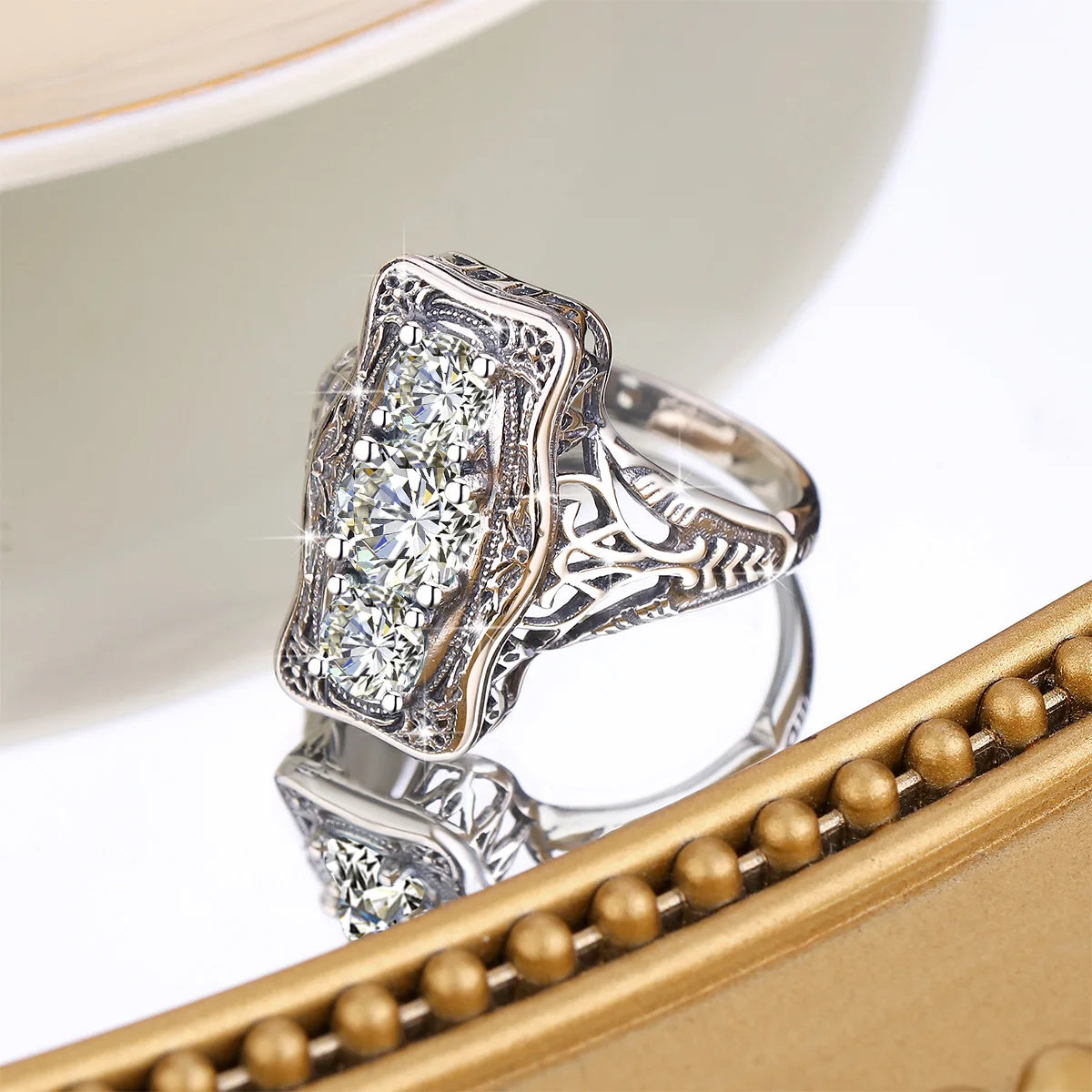 Elegant Vintage 3-Stone Moissanite Ring