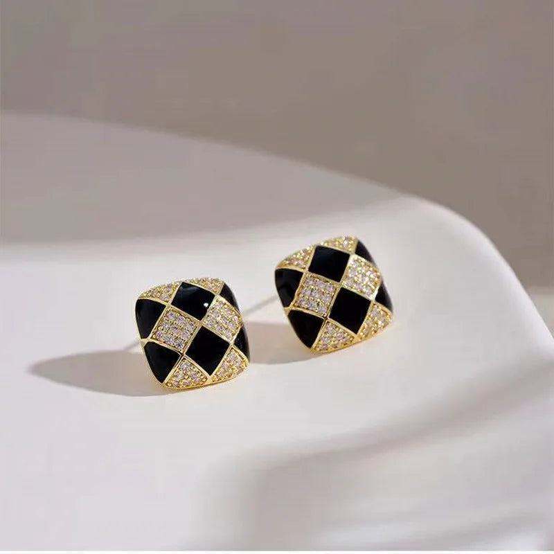 French-Inspired Chessboard Crystal Stud Earrings