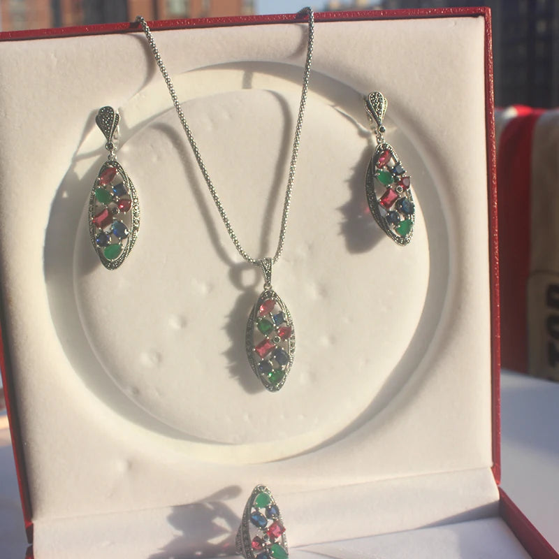 Vintage Jewelry Set: Necklace, Ring, Earrings with Green/Red/Colorful Crystals