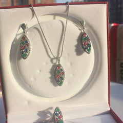 Vintage Jewelry Set: Necklace, Ring, Earrings with Green/Red/Colorful Crystals