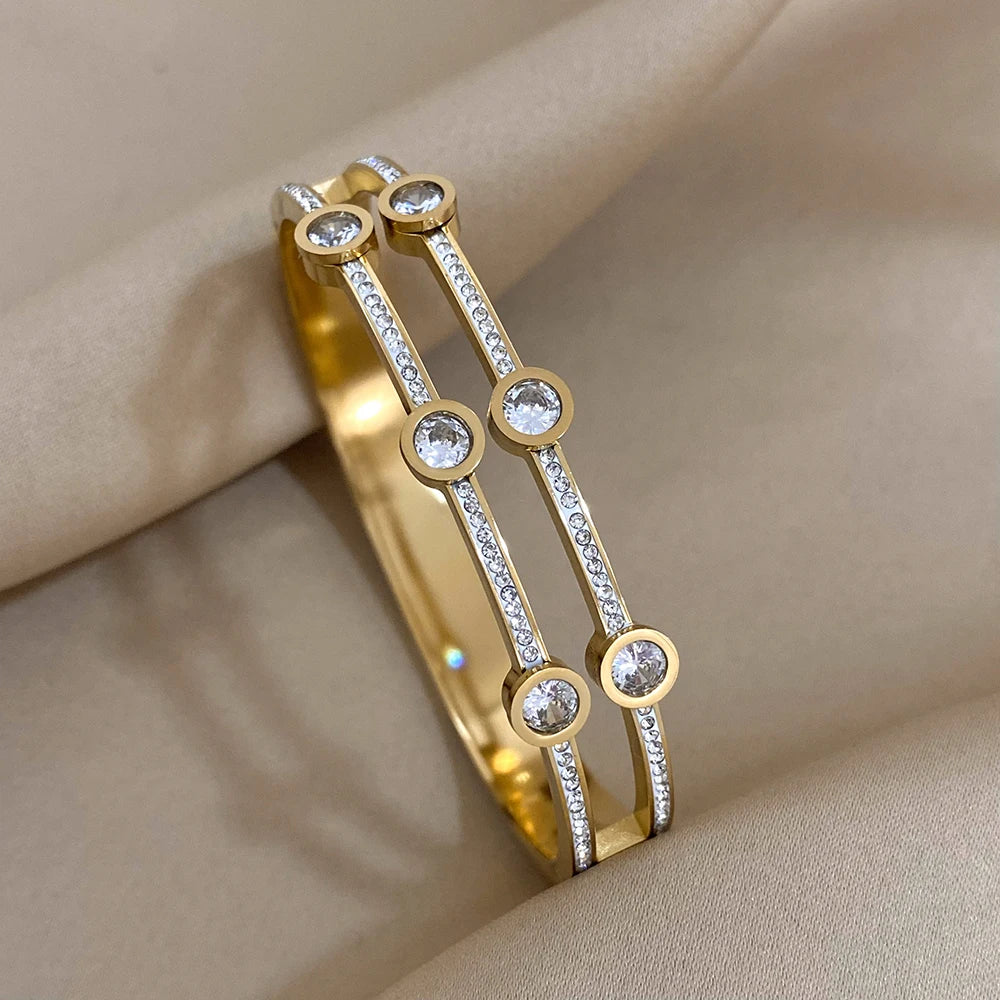 Elegant Gold-Plated Charm Bangle Bracelet with Geometric Zircon Accents