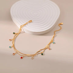 Round Colored Crystal Pendant 18K Gold Plated Double Chain Anklets