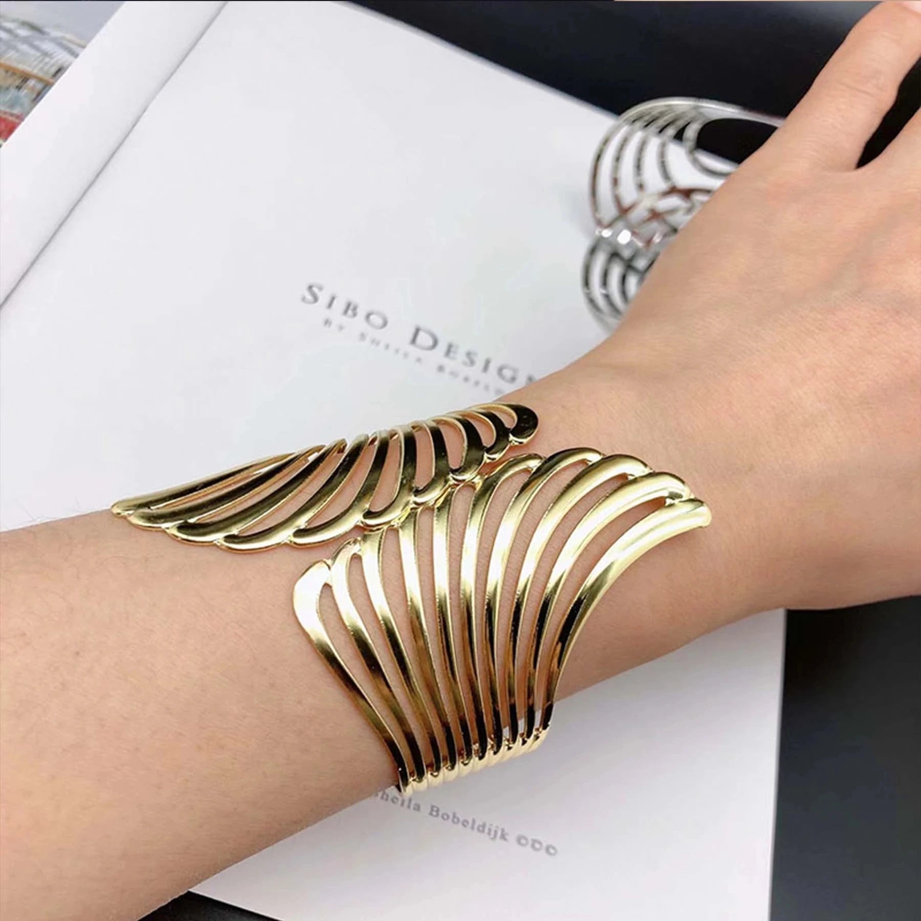 Hollow Wings Feather Wide Cuff Bracelets & Bangles For Women