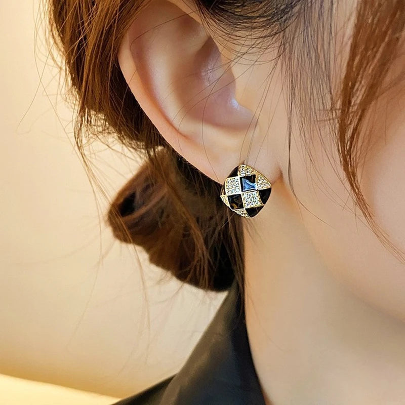 French-Inspired Chessboard Crystal Stud Earrings