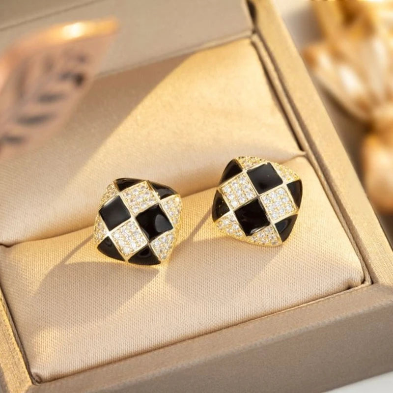 French-Inspired Chessboard Crystal Stud Earrings