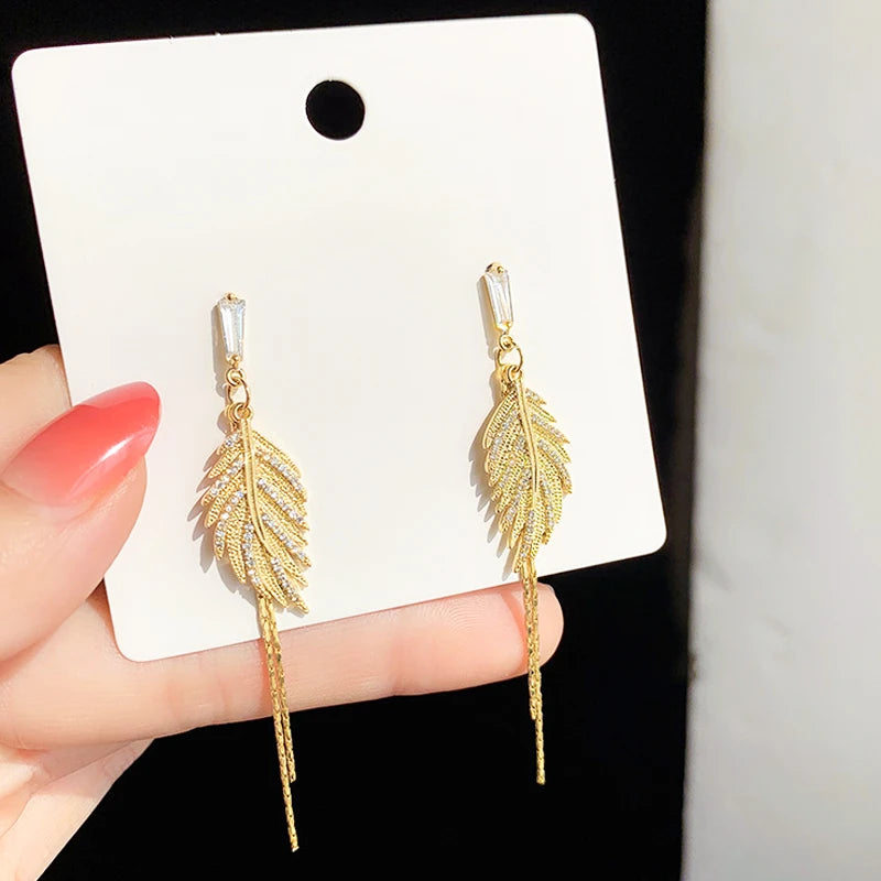 Luxury 14K Real Gold Plated Leaves Tassel Stud Earrings for Women