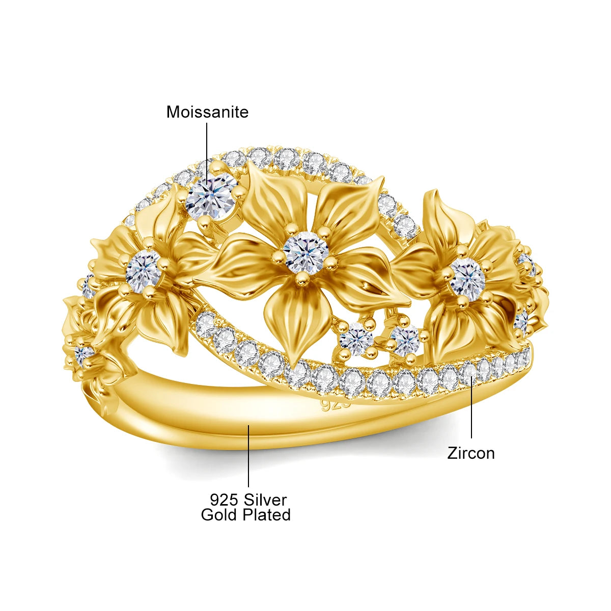 Yellow Gold Moissanite Ring For Women: Exquisite Floral Design