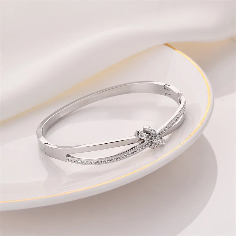 Stainless Steel Sparkling Zircon Bangle Bracelet for Women and Men