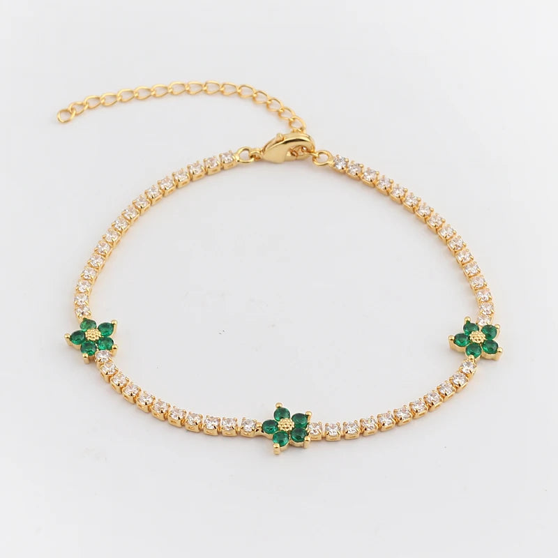 Green Shiny Charm CZ Tennis 18k Gold Bracelet for Women