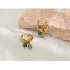 18K Gold Plated Stainless Steel Hoop Earrings for Women with Vintage Green Natural Stone Charms