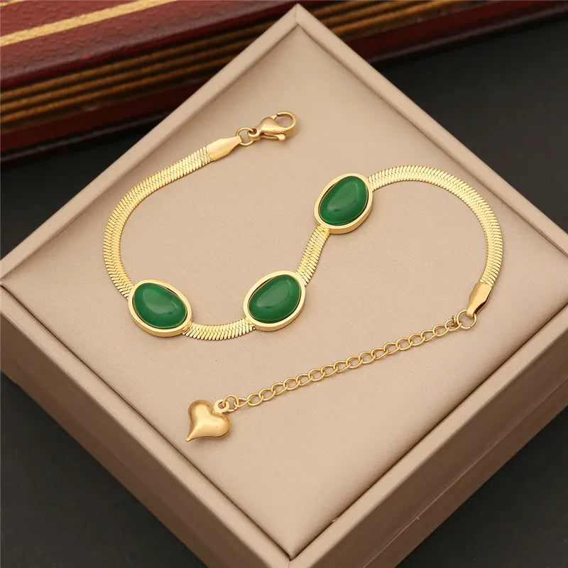 Stainless Steel Snake Chain Emerald Stone Pendant Bracelet Necklace