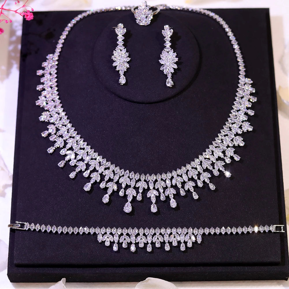 Leaf Design Bridal Necklace Earring Set with Cubic Zirconia