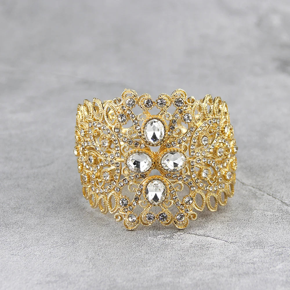 Moroccan Rhinestone Cuff Bracelet: Gold Color Wide Arabic Bangle