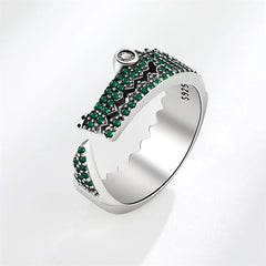 Green Zircon Crocodile Sterling Silver Resizable Opening Ring