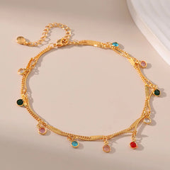 Round Colored Crystal Pendant 18K Gold Plated Double Chain Anklets