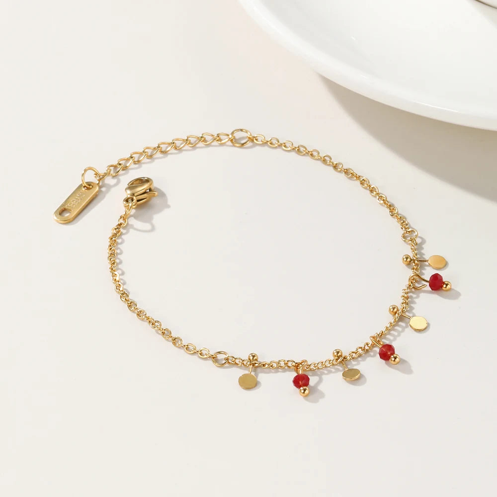 18K Gold Plated Stainless Steel Chain Bracelets with Red Acrylic Ball Charms