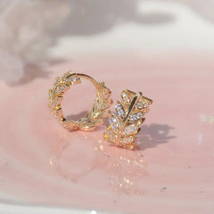 14K Gold-Plated Hoop Earrings with Zircon - Delicate Plant Pattern