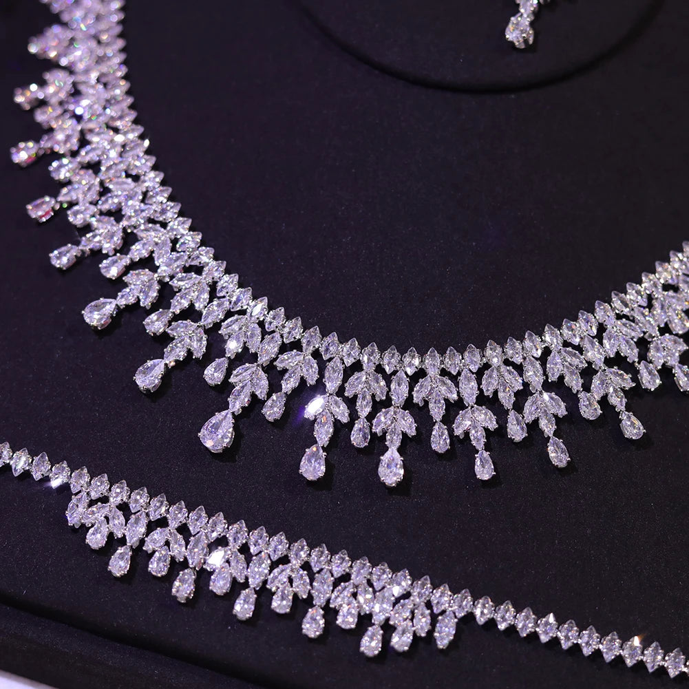 Leaf Design Bridal Necklace Earring Set with Cubic Zirconia